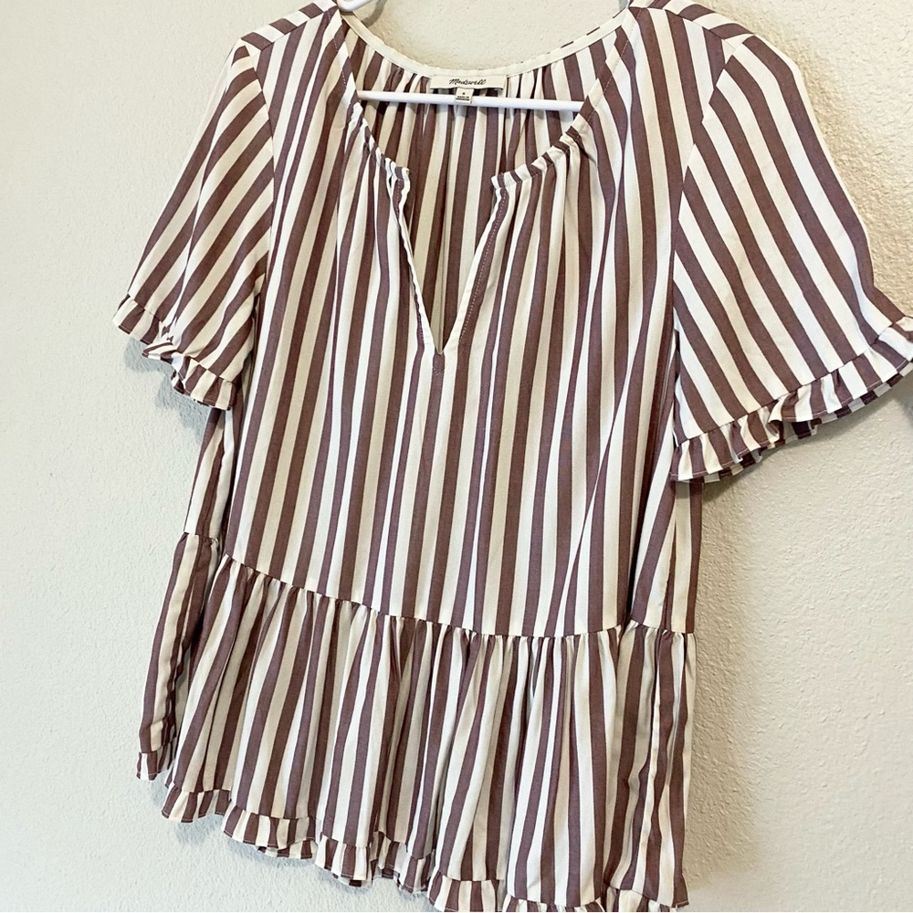 Madewell Stanza Ruffle Hem Top Small Striped Short Sleeve Peplum Preppy Cottage - Picture 8 of 12